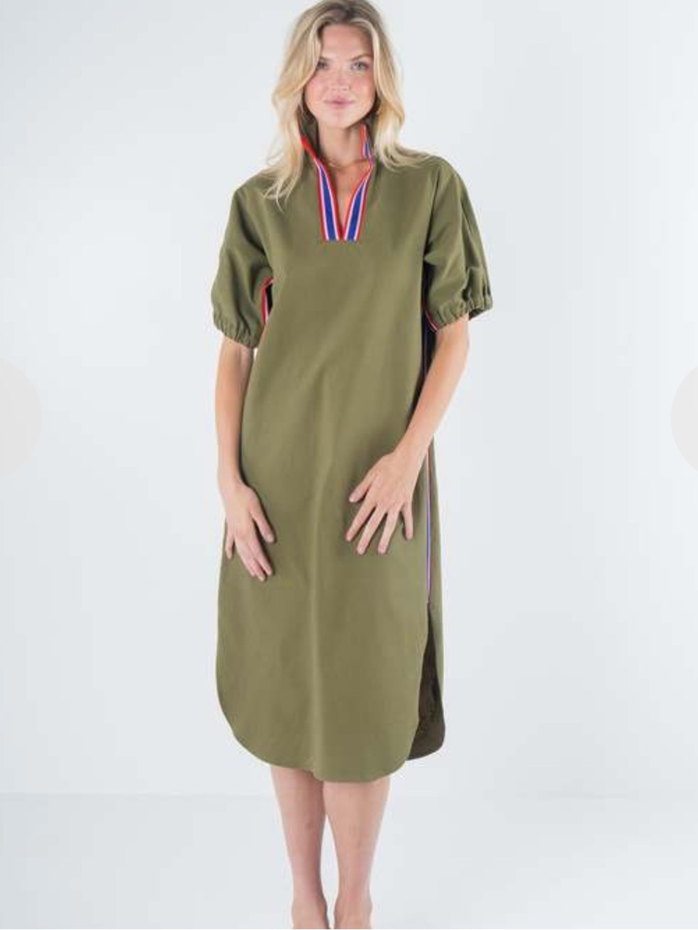 EUC Emily McCarthy Olive Green Midi Dress with Red-Blue Trim - XS